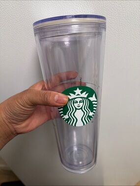 Starbucks Clear Travel Tumbler with Green Logo and Purple Rim